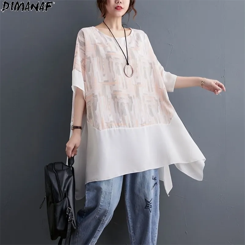 DIMANAF Women T-Shirt White Bat Floral Print Patchwork Chiffon O-Neck Tops Shirt Loose Summer Solid Tees 5XLOversize 210722