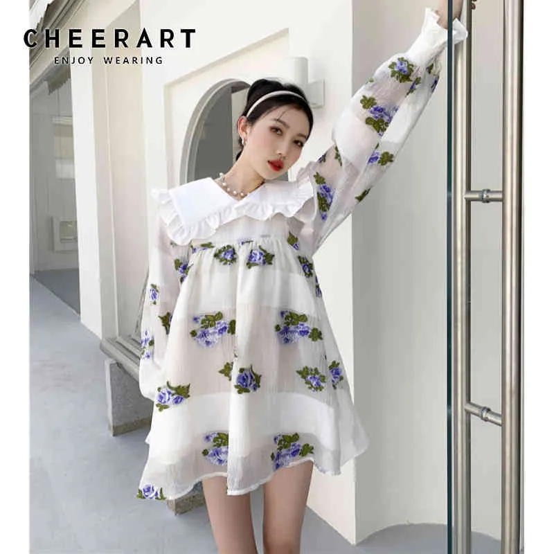 Petal Jacquard Ruffle Neck Long Sleeve Dress Ball Gown For Women Spring White Cute Floral Mini Korean Style 210427