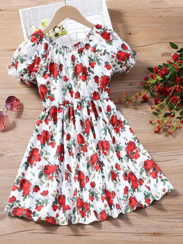 Girls Allover Floral Print Puff Sleeve Dress SHE01