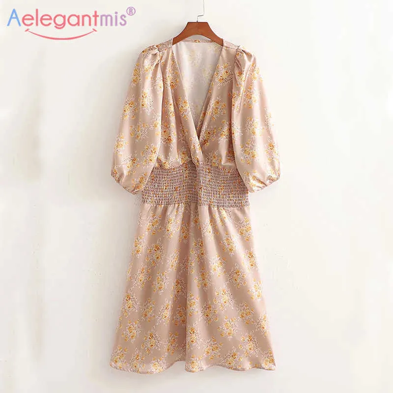 AELEGANTMIS V Neck Drukuj Elastyczne Talia Sukienka Kobiety Sexy Luźne Puff Sleeve Długość Kolana Vintage Koreański Vestido de Mujer 210607