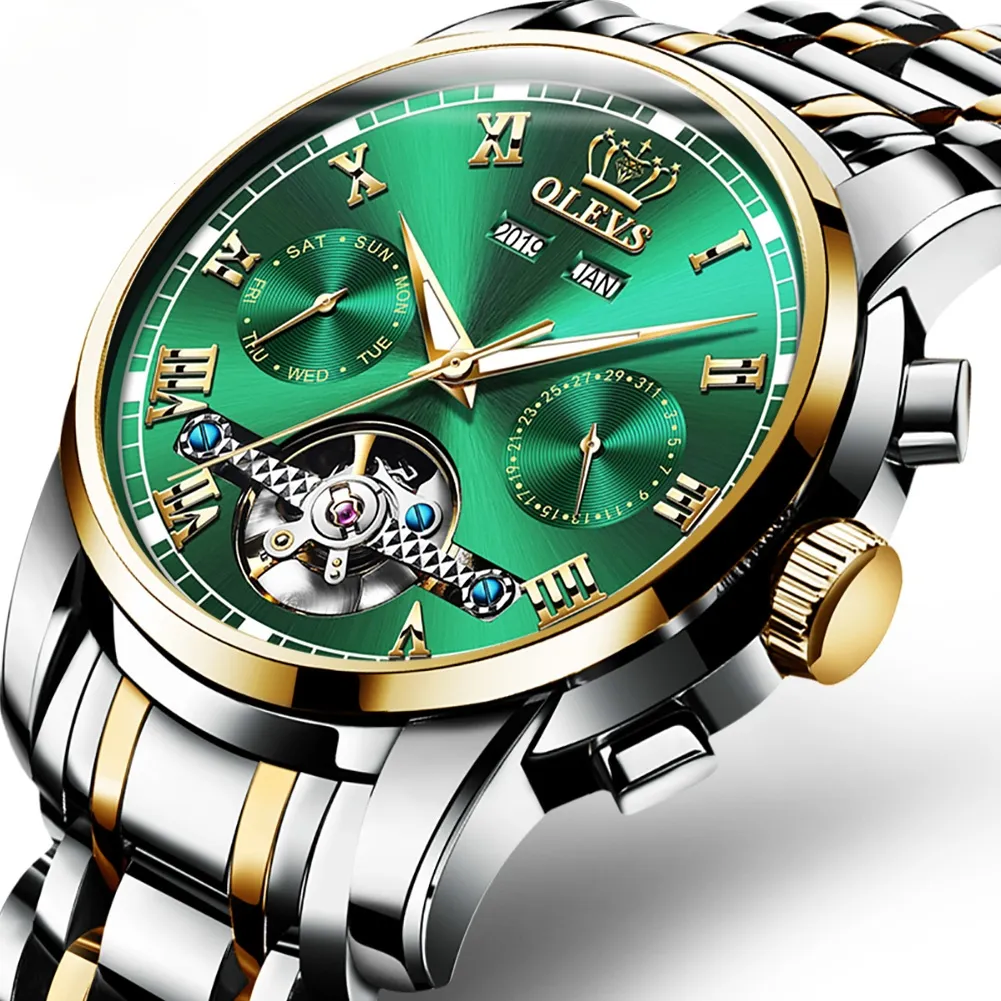 Mechanische Männer Uhren Automatische Edelstahl Wasserdichte Datumswoche Green Fashion Classic Armbanduhren