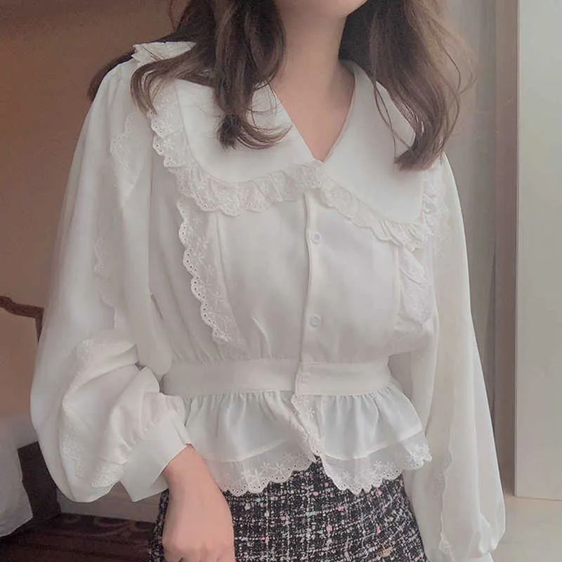 WOMENGAGA Korean Spring Summer Tops French Lace Ruffle Long Sleeve Shirt Short Top Blouse Sweet Women V7DP 210603