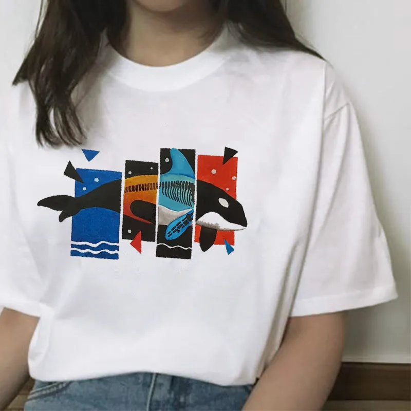 Whale Painting Gedrukt Tee Casual Grappige Oversized Tee Harajuku Hipster Art Street Style White Women T-shirt Korte mouwen 210518