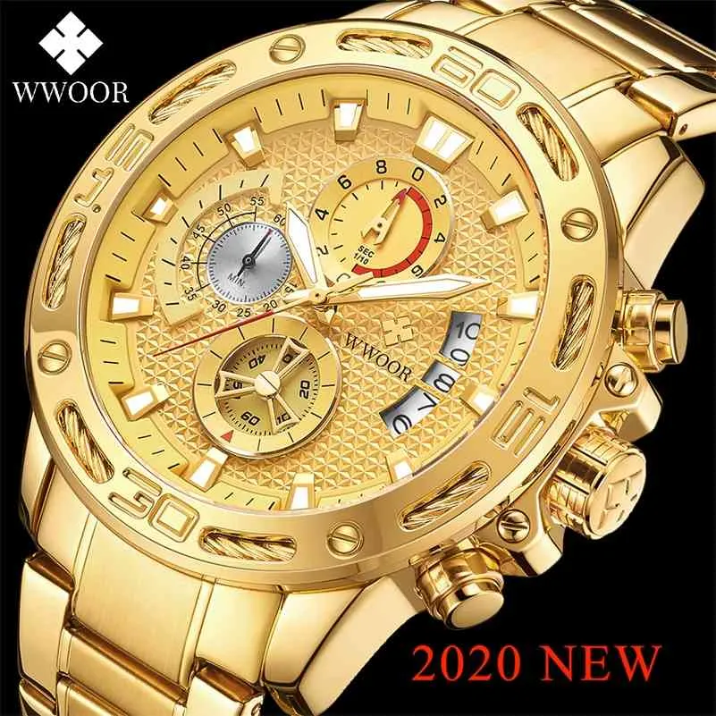 WWOOR Mode Herrklockor Toppmärke Lyx Guld Helstål Kvartsklocka Herr Vattentät Sport Chronograph Relogio Masculino 210329