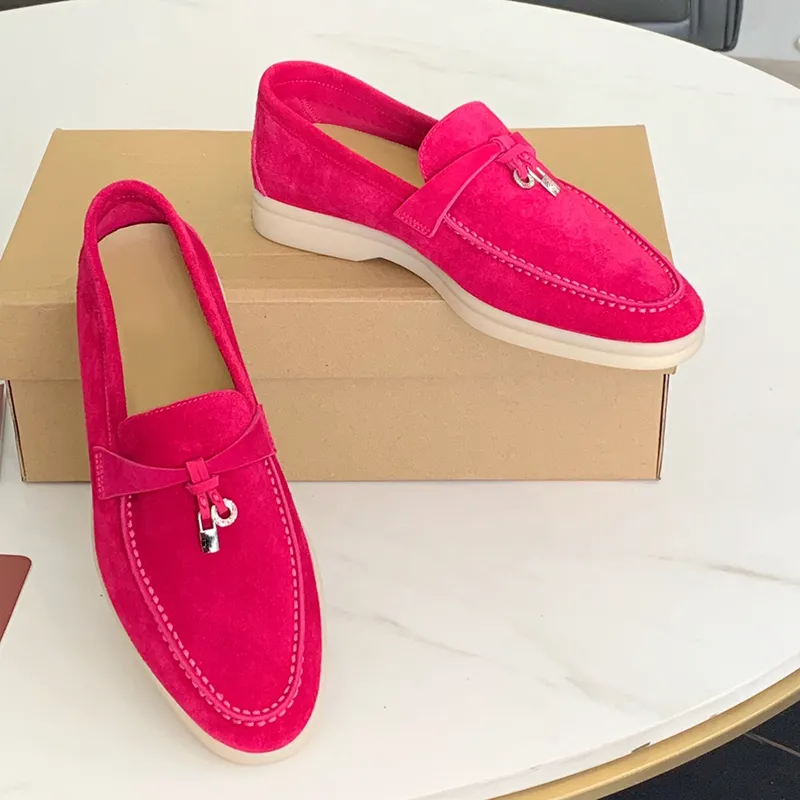 designer Dress shoes classic casual Flat Heel Buckle quality Fuchsia Cashmere Leather loafers Soft sole High elastic beef tendon bottom Large size womens Shoe