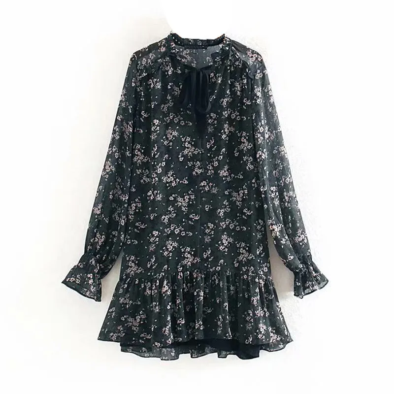 Save Big on Bulk Mujer Mini Vestido Floral Print Mini Dress, Vintage Style,  Long Sleeve, Casual Loose Ruffle Party Dress Best Deals on DHgate