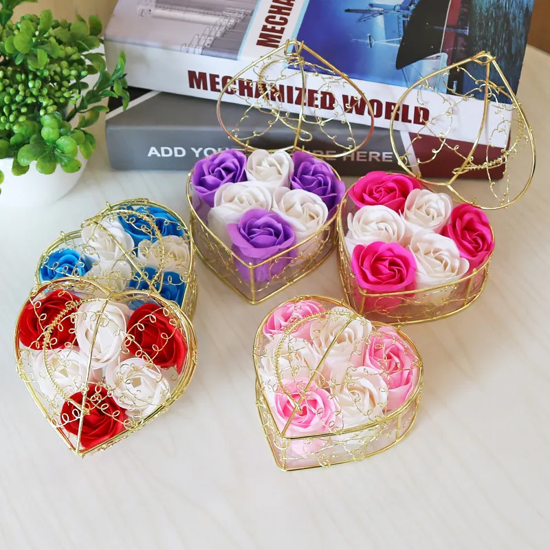 Valentine Roses Plated Iron Basket Flower Artificial Soap Rose Wedding Birthday Mothers Day Gift YYFA567