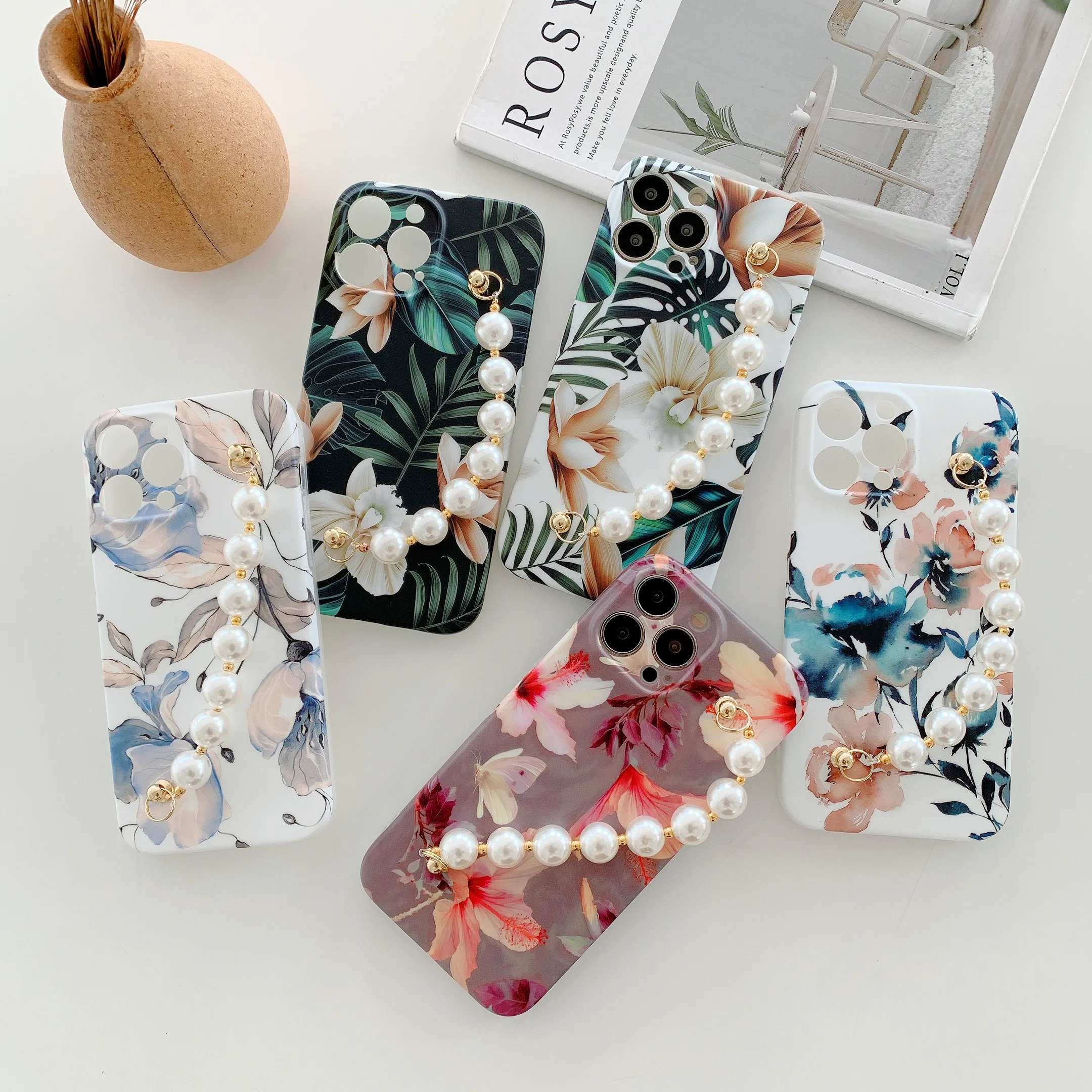 Wrist Strap Flower IMD Soft TPU Floral Phone Cases for iPhone 13 12 11 Pro Max XR XS X 8 7 Plus Orchid Begonia Lotus