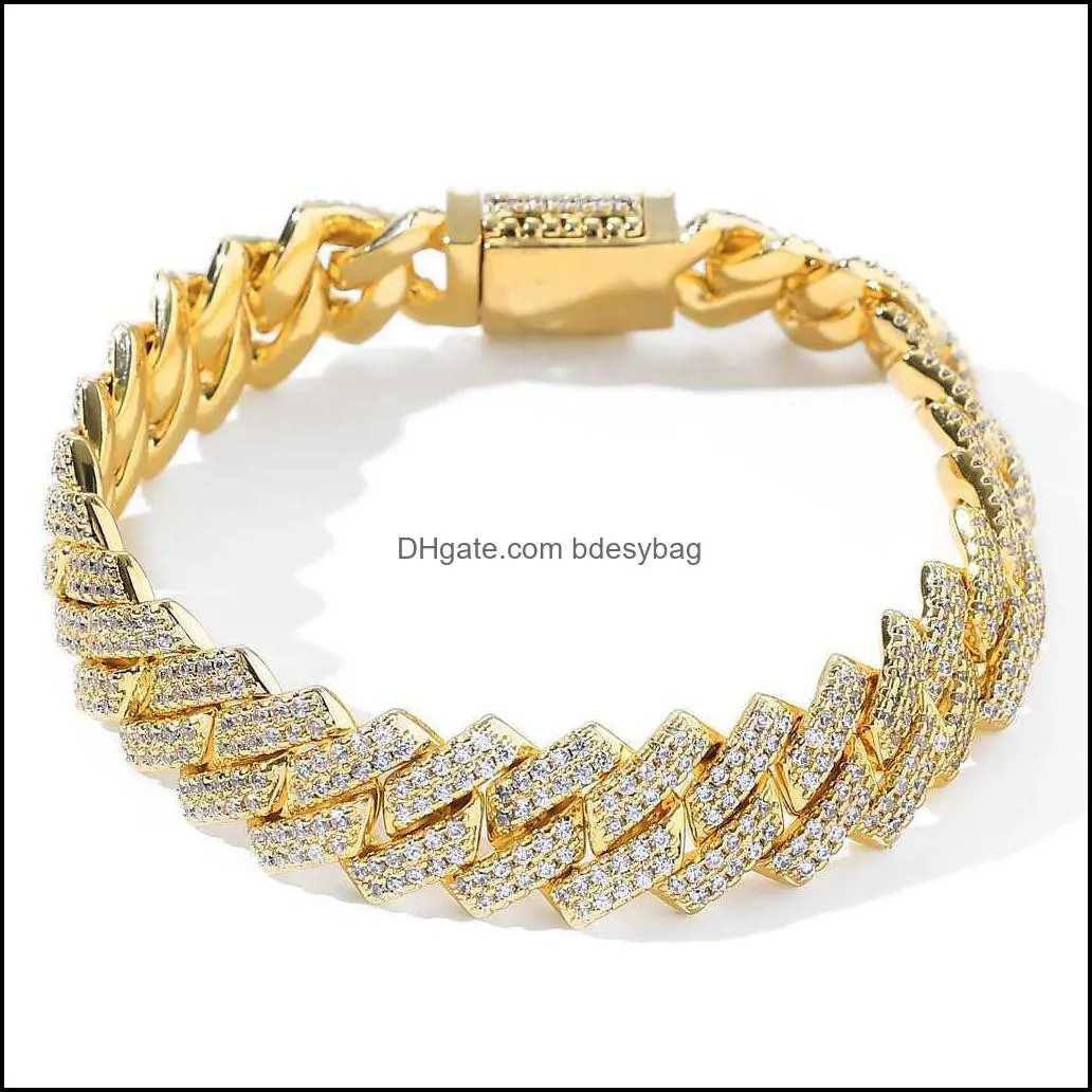 New Hiphop Jewelry 14mm 18k Gold Plated Iced Out Prong Link Chain Diamond  Cuban Necklace for Men Women