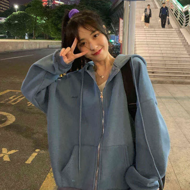 Korean Style Oversized Zip Front Sweatshirt Jacket For Women And