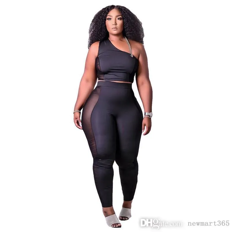 Summer Clothes Women Outfits Solid Tracksuits Sleeveless Vest Shirt Pants sheer mesh Two Piece Set Casual Black Sportswear plus size 2XL sweatsuits 5602