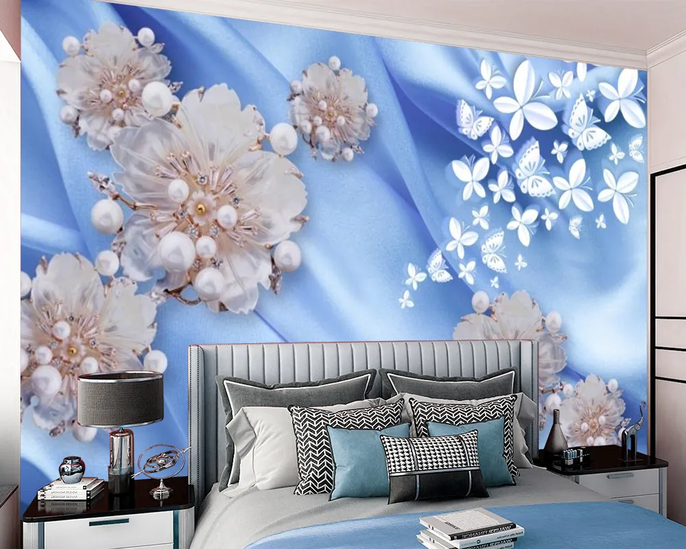 Fiore di seta blu Carta da parati 3d Miglioramento della casa Sfondi murali moderni Pittura con stampa digitale Carte da parati classiche