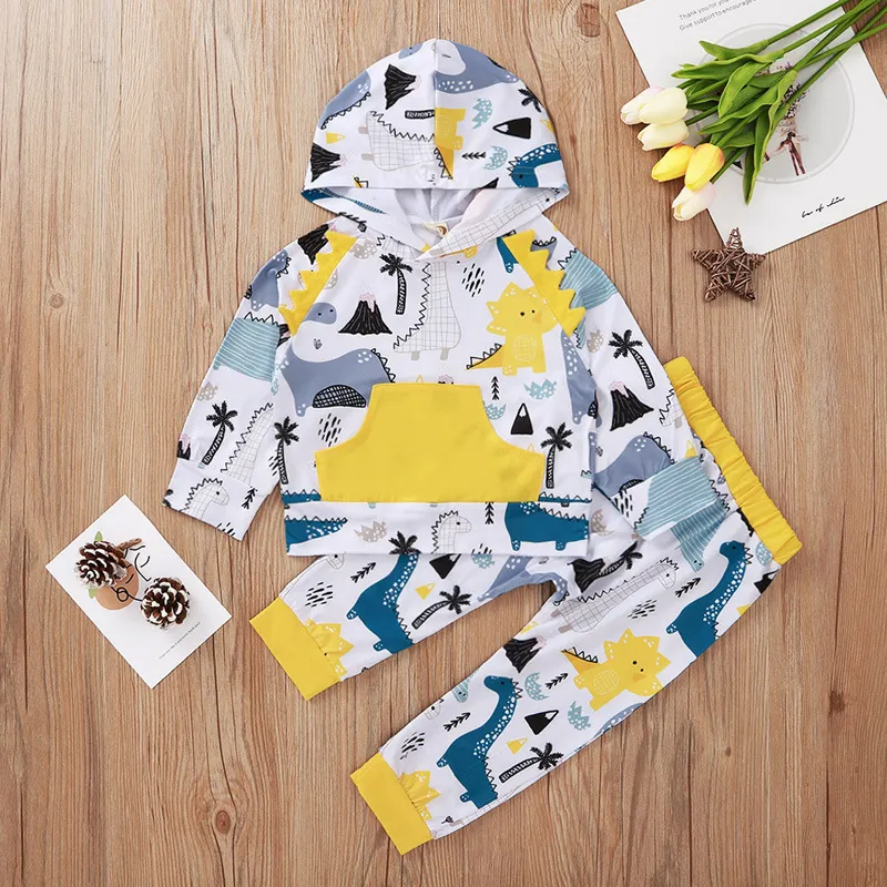 Vêtements nouveau-nés Ensembles Spring Automne Fashion Girls Outfits Jaune Dinosaure Imprimé Longues Manches Hood Capuche Enfant Enfant Vêtements Enfants