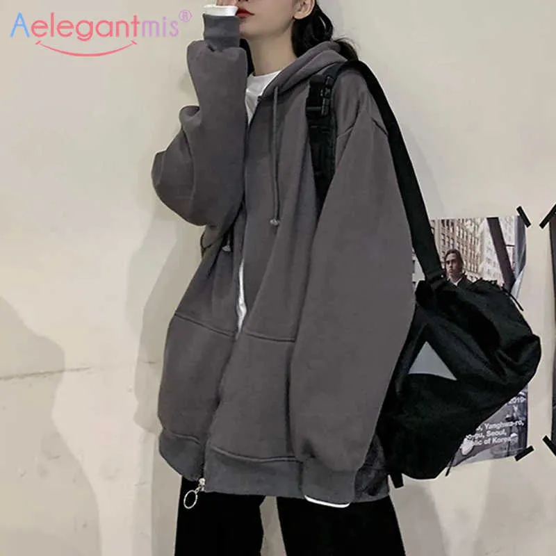 Aelegantmis Harajuku Fleece Warm Felpa con cappuccio Felpe con cappuccio oversize allentato Cappotti da donna Felpa da tasca casual da donna 210607