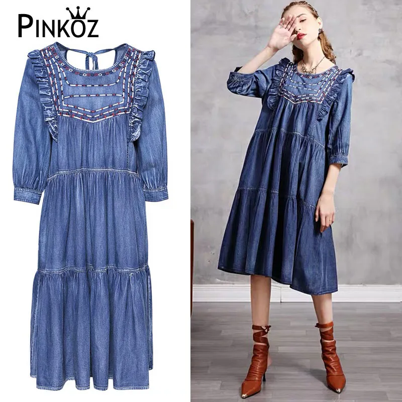 Arrival Knee Length Denim Dresses One-piece Women Vintage Embroidery Dress Causal Daily Backless Robe Plus Size Chic 210421