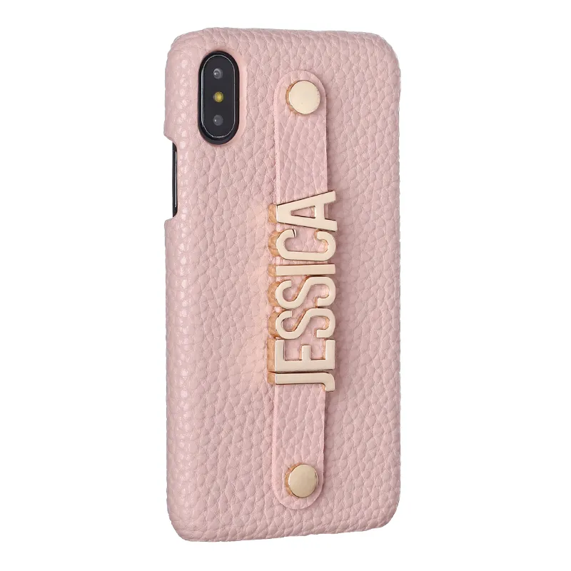 Holding Strap Personalization Custom Metal Name Leather Mobile Phone Case Cover For iPhone 12 11 Pro XS Max XR 7 7Plus 8 8Plus X