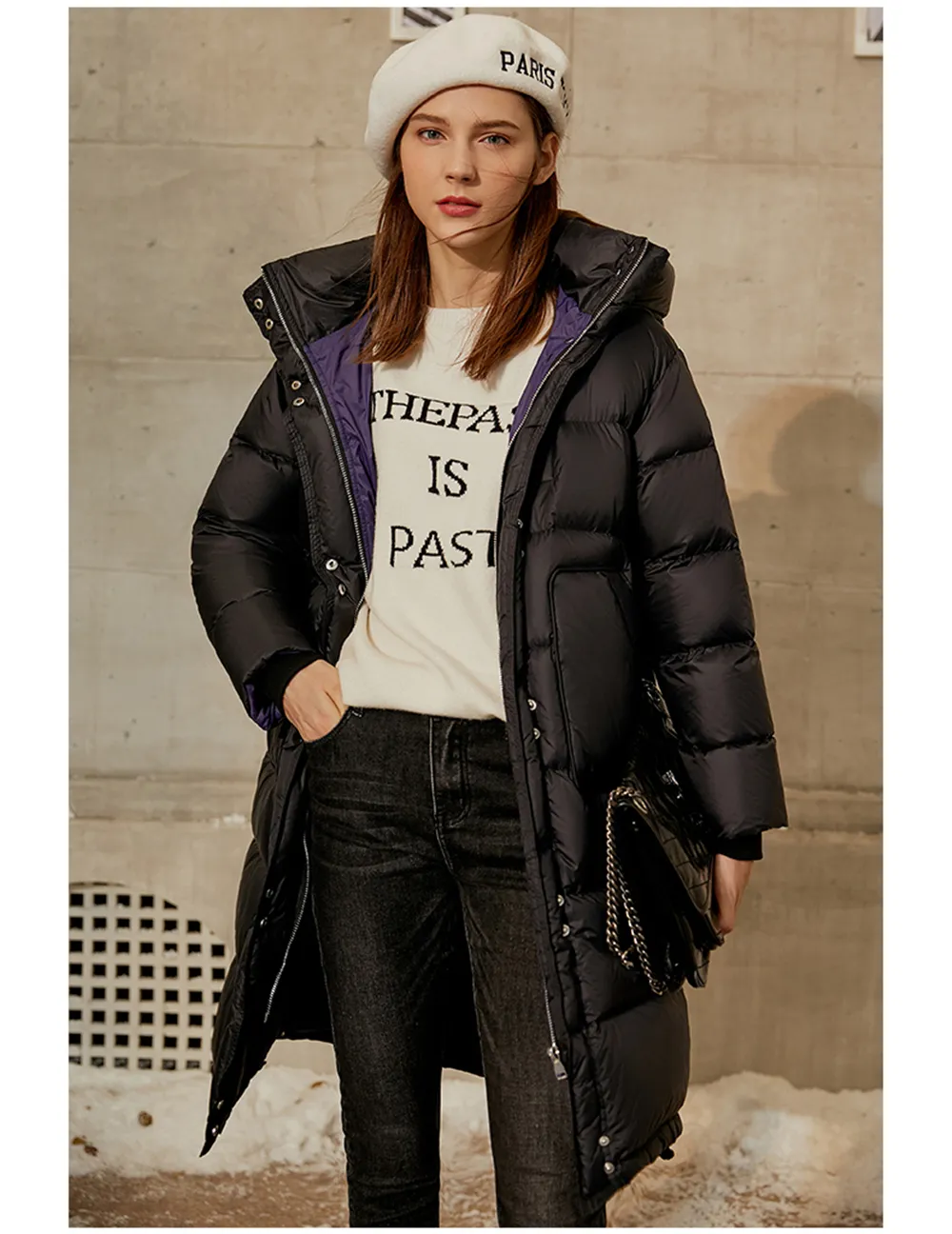 Simple 90 white duck downs collar with hat women`s 2021 large warm long coat high quality wholesale Oversized heavy down jacket