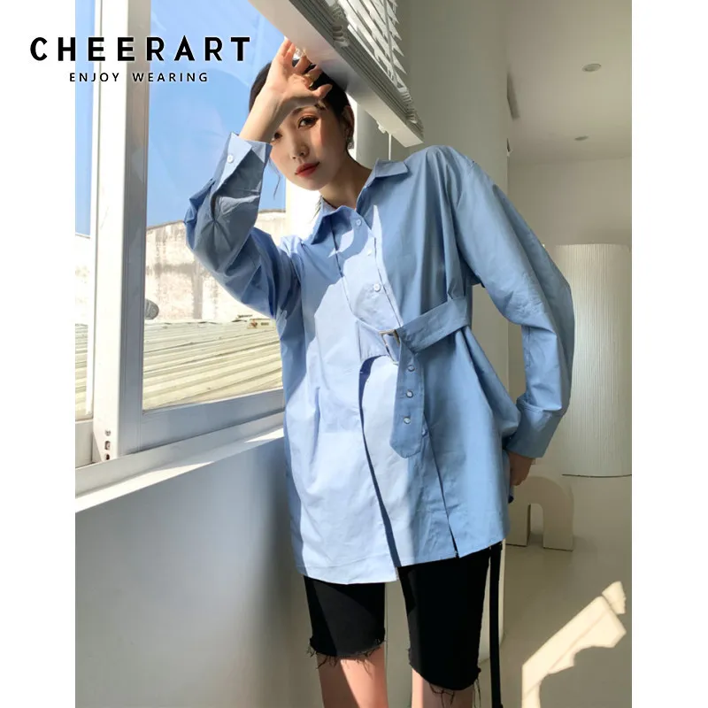 Lente Designer Koreaanse Shirt Lange Mouw Tops Voor Vrouwen Mode Blauwe Knop Lace Up Zwarte Blouse Kleding 210427