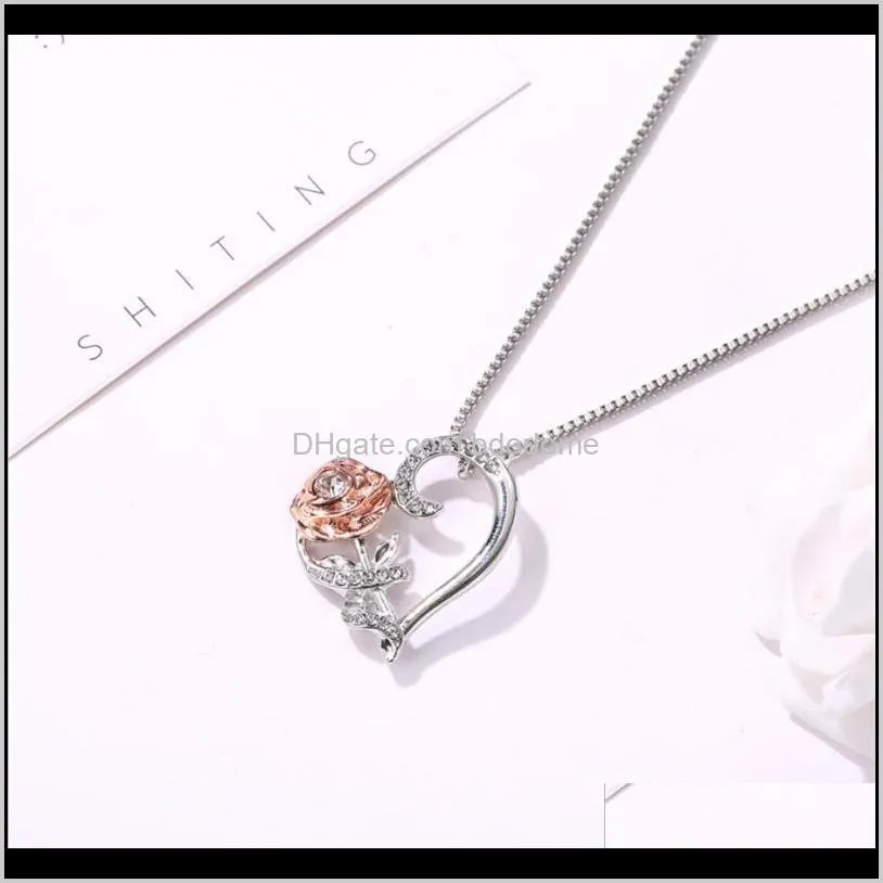 pendant necklace heart pendant gold color rose flower white crystal setting silver color plated box chain women valentine`s day gift