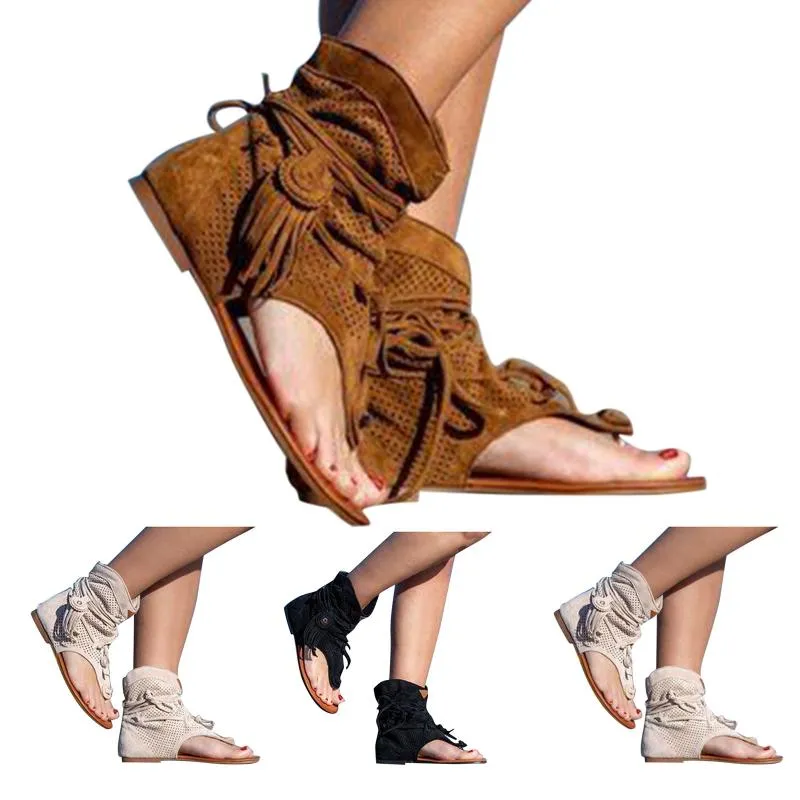 Sandals Sandalias Mujer Sapato Feminino Plus Size Retro Bottom Tassel Hollow Toe Summer Women's 2021 Female Slip-on Flat Shoes