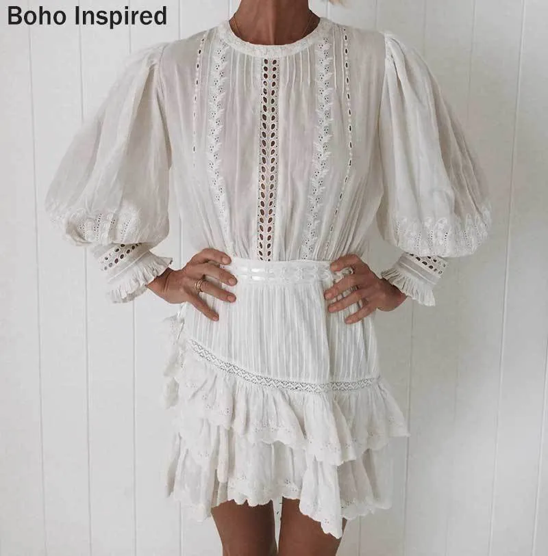 White boho mini dress with ruffled collar and lantern sleeves, 100% cotton,  summer vintage style from Dhgate Basic & Casual Dresses
