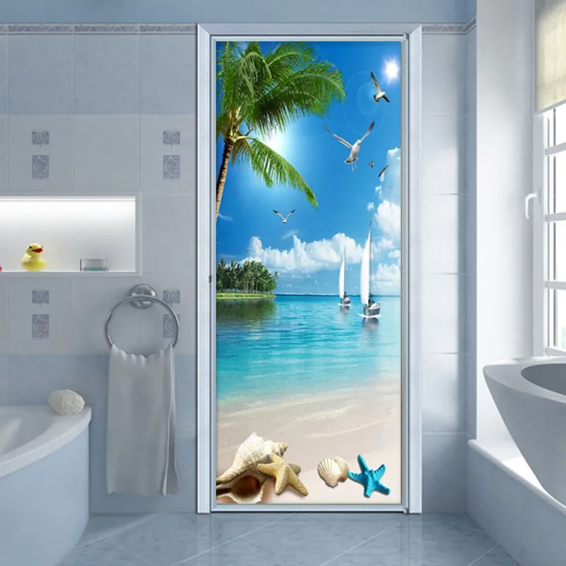 Strand havsutsikt dörrklistermärke 3d pvc självhäftande vattentät tapeter pasta vardagsrum badrum väggdekal toalettdörr klistermärken 210317