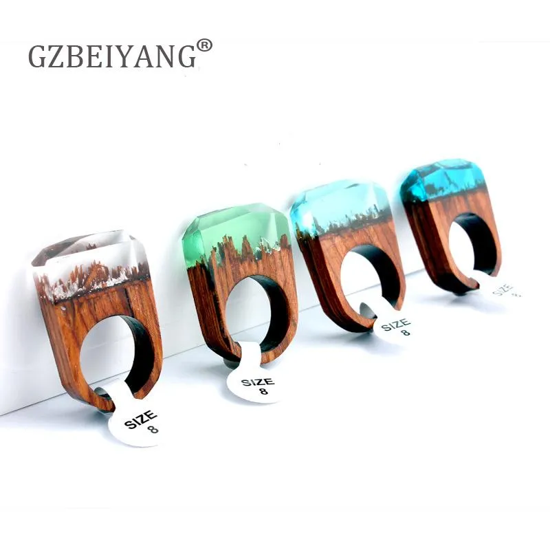 クラスターリングgzbeiyang4色ウッドリングエスニック女性のための手磨き樹脂ウェディングパーティーギフト