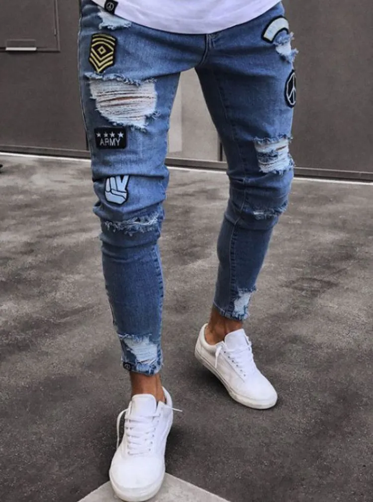 Klassische Designer-Herrenmode-Jeans, aufreißbare, elastische, gerade Röhrenloch-blaue Hose, niedrige Taille, Bleistifthose, lässige Straßenkleidung, hi339J