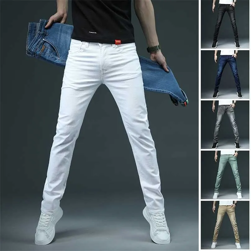 Mäns Skinny White Jeans Fashion Casual Elastic Bomull Slim Denim Byxor Man Brand Kläder Svart Grå Khaki 211111