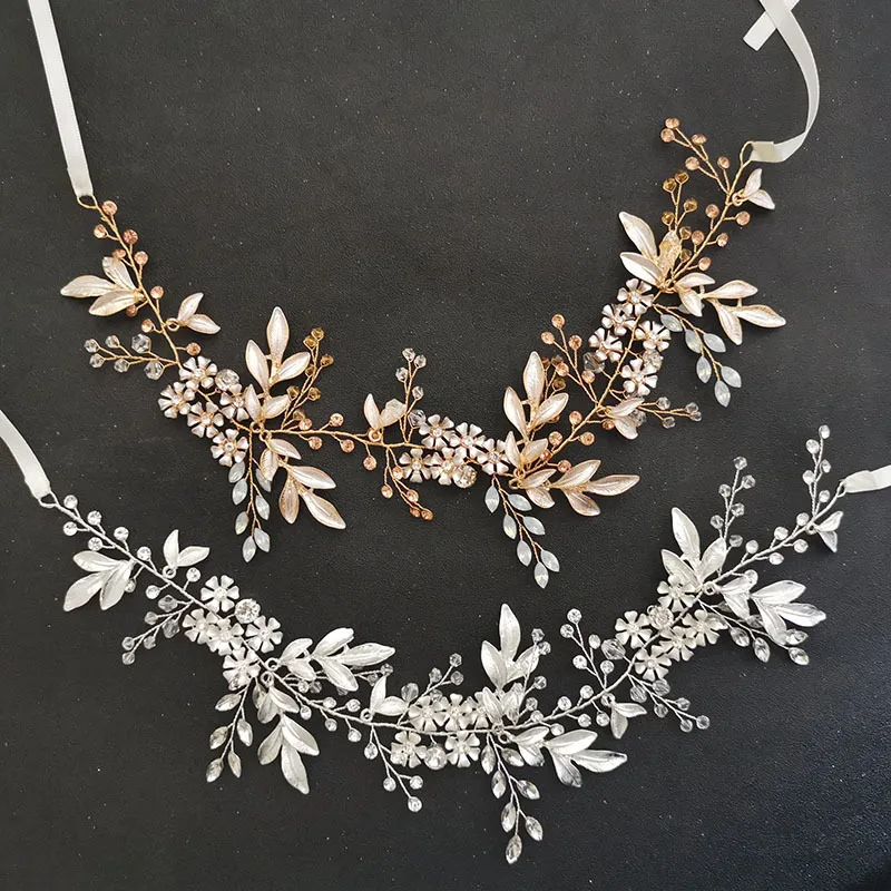 SLBRIDAL Alloy Flower Leaf Crystals Rhinestones Bridal bands Wedding Headband accessories Bridesmaids Hair Vine Jewelry