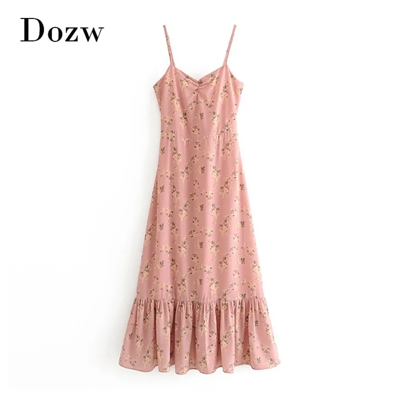 Boho Stijl Dames Spaghetti Strap Midi Jurk Floral Print Mouwloze Sexy Strand Zomer Backless Ruche Plooited ES 210515