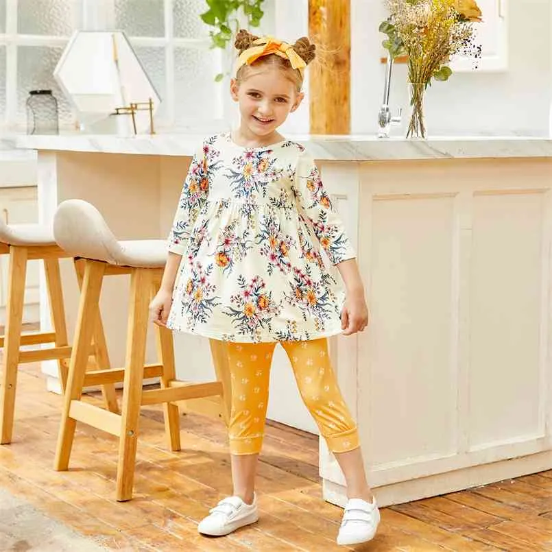 Otoño y primavera 3 piezas bebé bonito vestido floral top lunares pantalones con sets conjuntos niños ropa de niña 210528