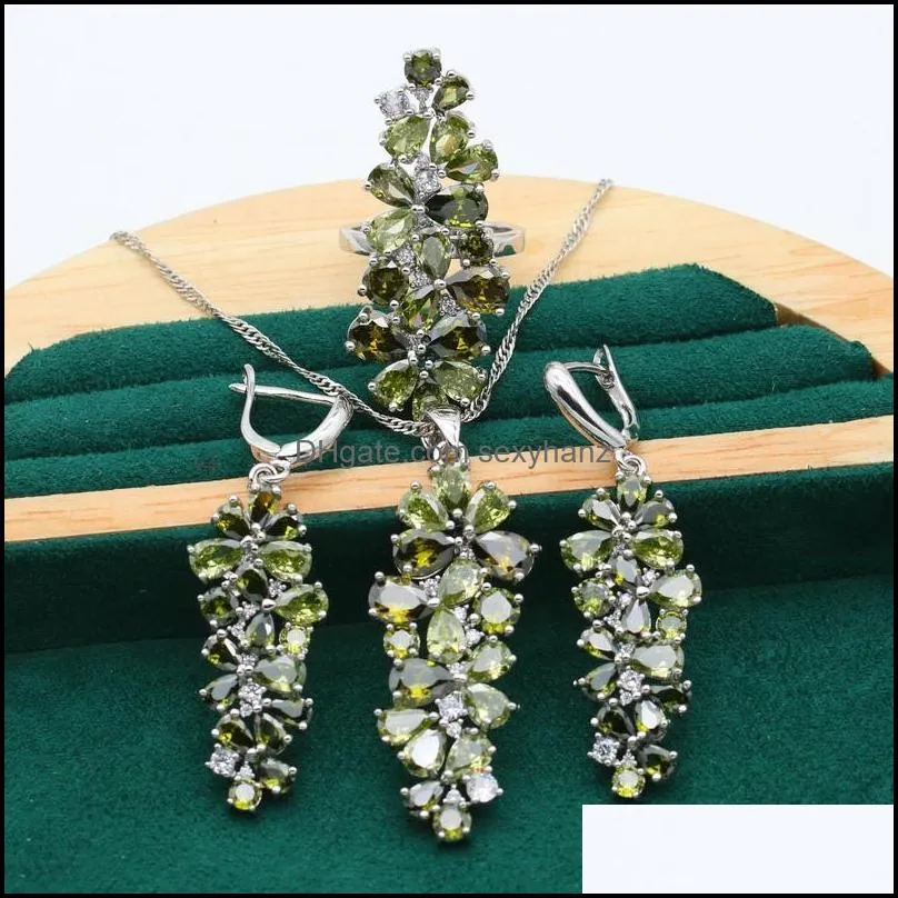 Earrings & Necklace Olive Green Purple Topaz 925 Silver Jewelry Set For Women Bracelet Pendant Ring Birthday Gift 4PCS
