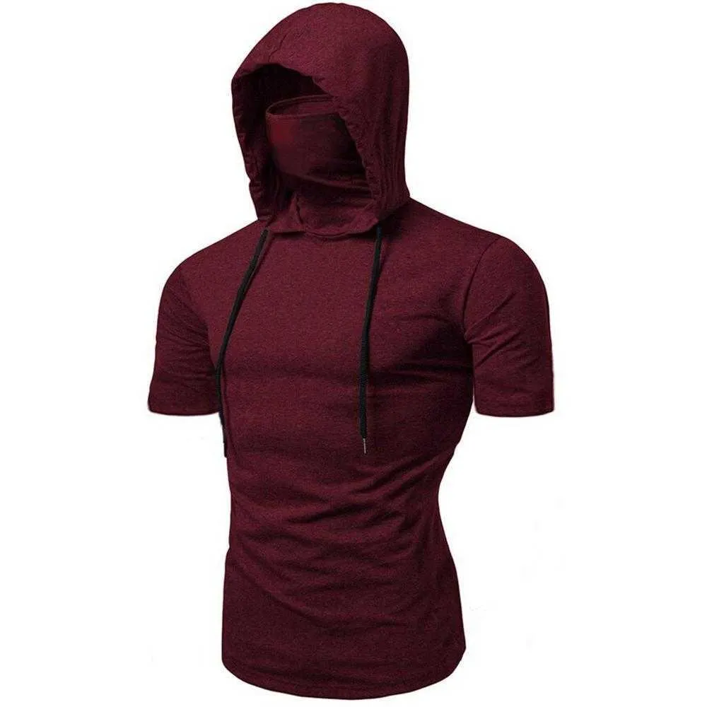 Zomer korte mouw hoodies voor man zwart grijs elasticiteit slim fit jas met masker moto fietser cool sweatshirt mannen hoody plus size T200616