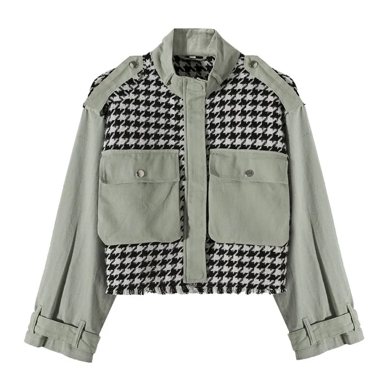 BLSQR Houndstooth Stitching Army Green Bomber Jacket Women Autumn Vintage Casual Parka Basic Coats Jackets Chaqueta Mujer 210430