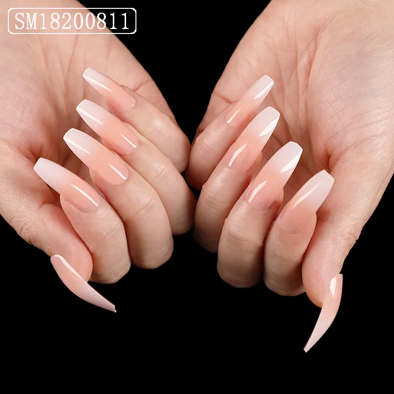 24 PCS French Fake Nails Nude White and Pink Ombre Long Ballerina Glossy Coffin Press on Nail False Tips Artificial Finger Manicure