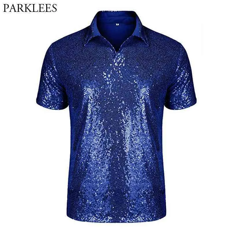 Polo Homme Paillettes Manches Courtes Discothèque Party T-Shirts Tops Turndown Sparkle 70s Disco Shirt Party Costume Bleu Royal 2XL 210522