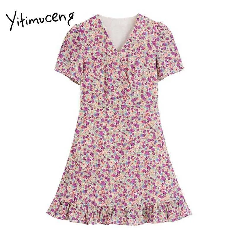 Yitimuceng Purple Floral Print Robes Femmes Summer Lace Up Mini Taille Haute Trompette Puff Sleeve Sundress Mode Boho Robe 210601