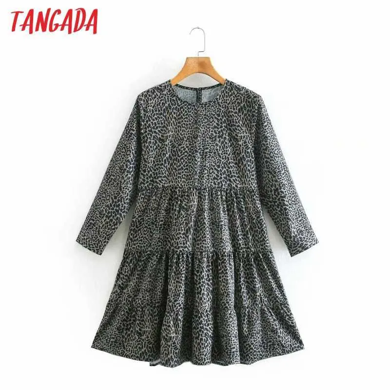 Tangadaファッション女性ヒョウ印刷ルーズドレスoネックロングスリーブレディースミニドレスvestidos xn140 210609