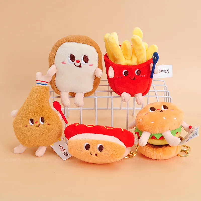 6 style 10 cm Plush Keychains cute hamburger french fries cartoon bread plush bag pendant key chain toy mini grab machine doll