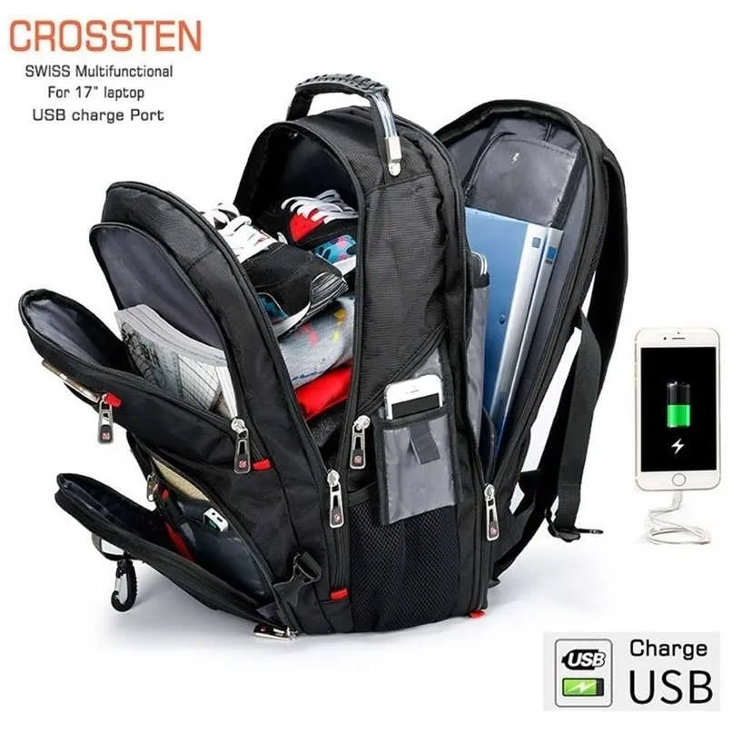 Crossten Duurzaam 17 inch Laptop Rugzak, 45L Travel Bag, College Bookbag, USB-oplaadpoort, waterbestendig, Zwitsers-multifunctioneel 211215