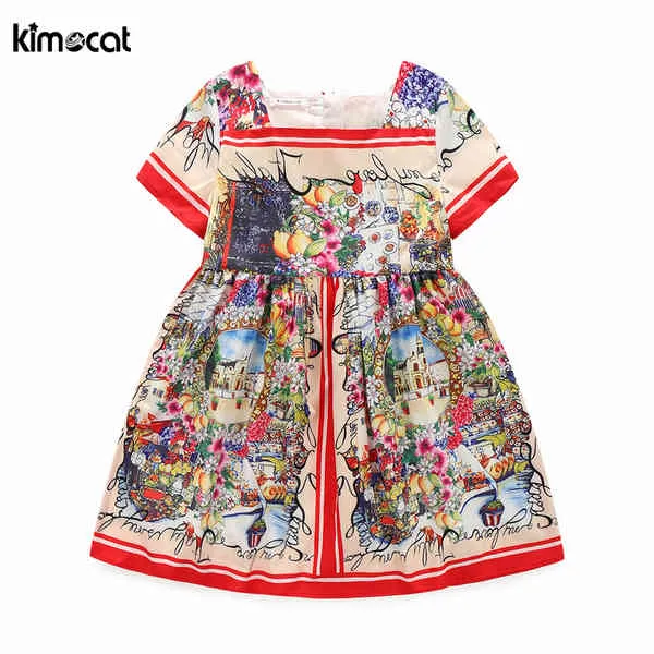 Kimocat sommar varumärke tjejer klänning strand stil blommig utskrift klänningar för tjejer vintage toddler kläder baby girls klänning q0716