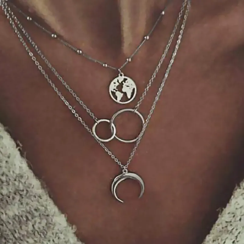 Fashion geometric three-layer necklace circle water droplet horns moon hollow world map long clavicle chain