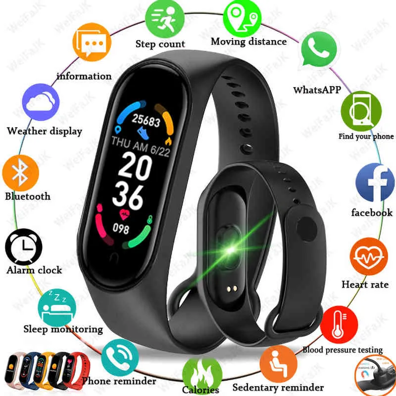 2021 M6 Smart Watch Men Kvinnor Kids SmartWatch Hjärtfrekvens Monitor Sport Fitness Armband för iPhone Xiaomi RedMi Android Klockor