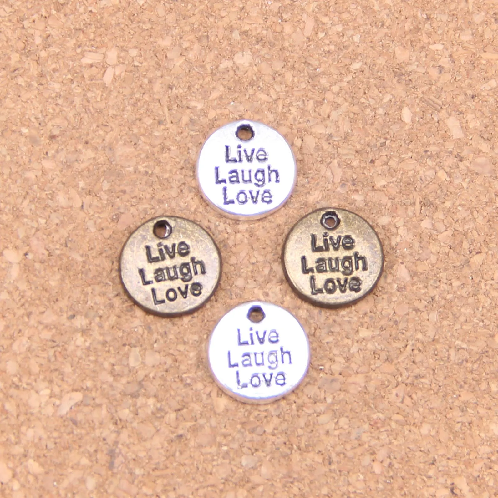 120 Stück Antik-Silber-Bronze-plattierte Platten „Live Laugh Love“-Charms-Anhänger für DIY Halskette, Armband, Armreif, 12 mm