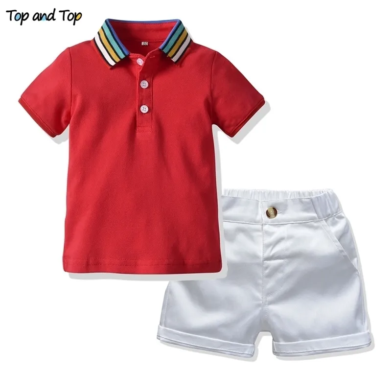 Üst ve Üst Yaz Erkek Giyim Setleri Kısa Kollu Çizgili Pamuk T-Shirt Bluz + Kısa Pantolon Çocuk Boy Beyefendi Elbise 2 adet Suit 210326