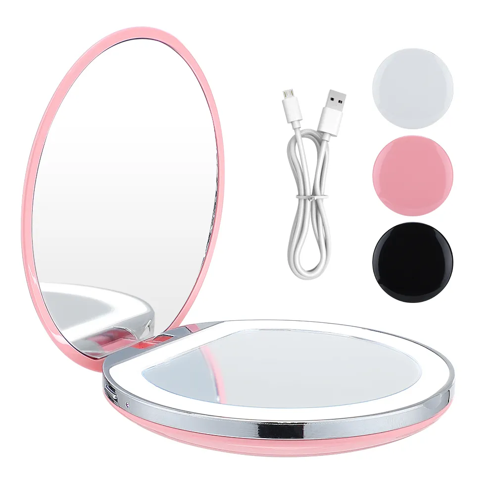 Portable Fold LED Makeup Mini Circular Cosmetic Compact Travel Mirror Uppladdningsbar USB-laddningsverktyg DearBeauty