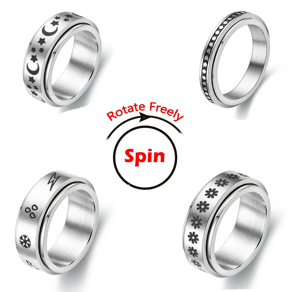 Fidget Spinner Anxiety Rings For Women Rotate Freely Anti Stress Accessories Jewelry New Trend Pattern Stainless Steel Jewellry