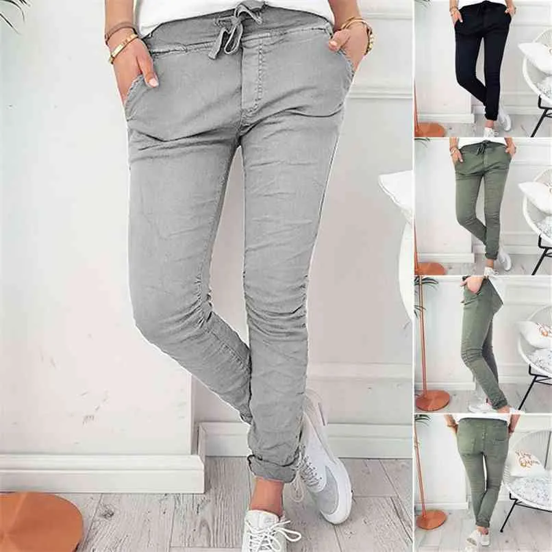 Spring Summer Autumn Casual Slim Solid Thin Pants For Women High Waist Black Army Green Trousers 210915