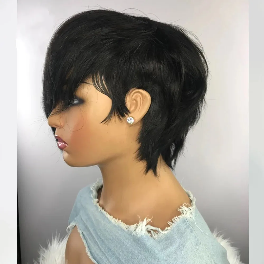 Short Cut Wavy Bob Pixie Wig With Bangs Brazilian Remy Short Human Hair For Black Women Full Machine Made From Fashiongirlhair 8.02 DHgate.Com